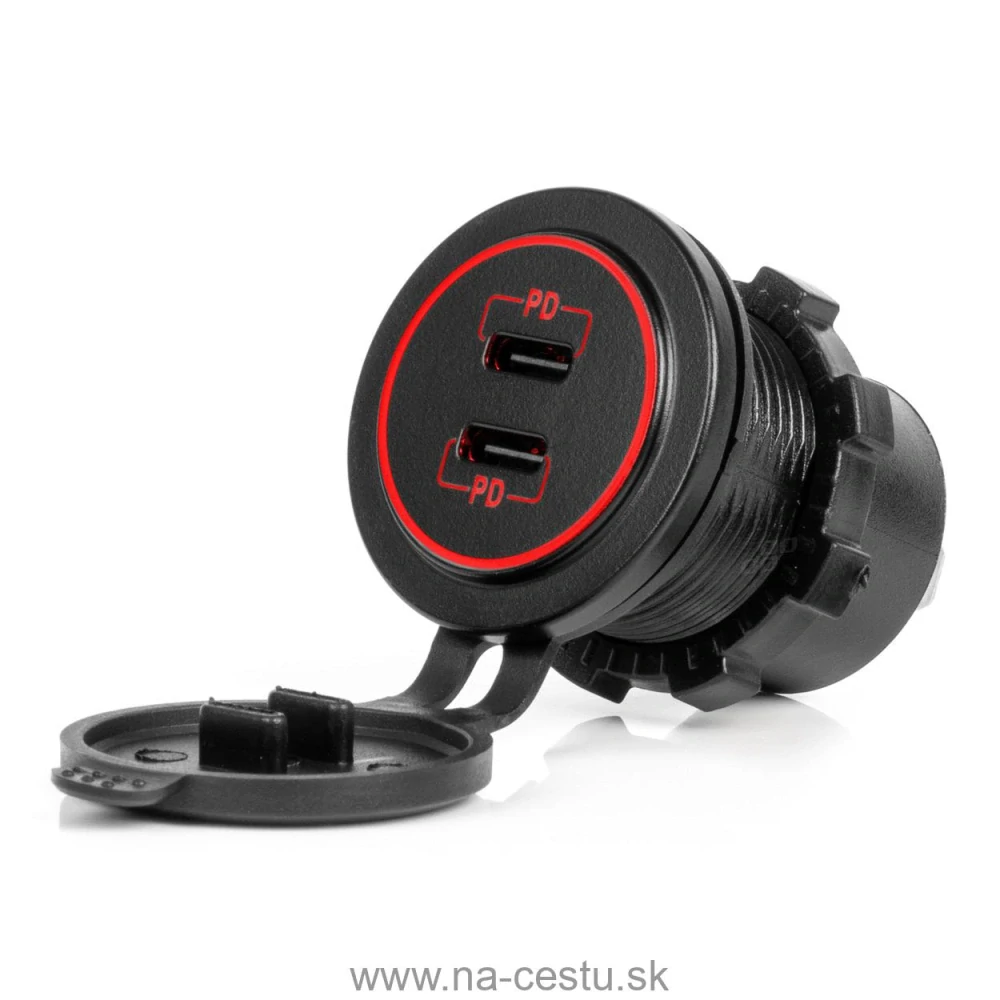 Vodotesná nabíjačka s ČERVENÝM LED podsvietením 2xUSB C 12/24V