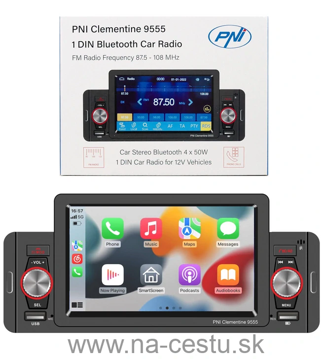 MP5 prehrávač do auta PNI Clementine 9555 1DIN displej 5 palcov 4 x 50W, Bluetooth, FM rádio, Carplay, funkcia RDS