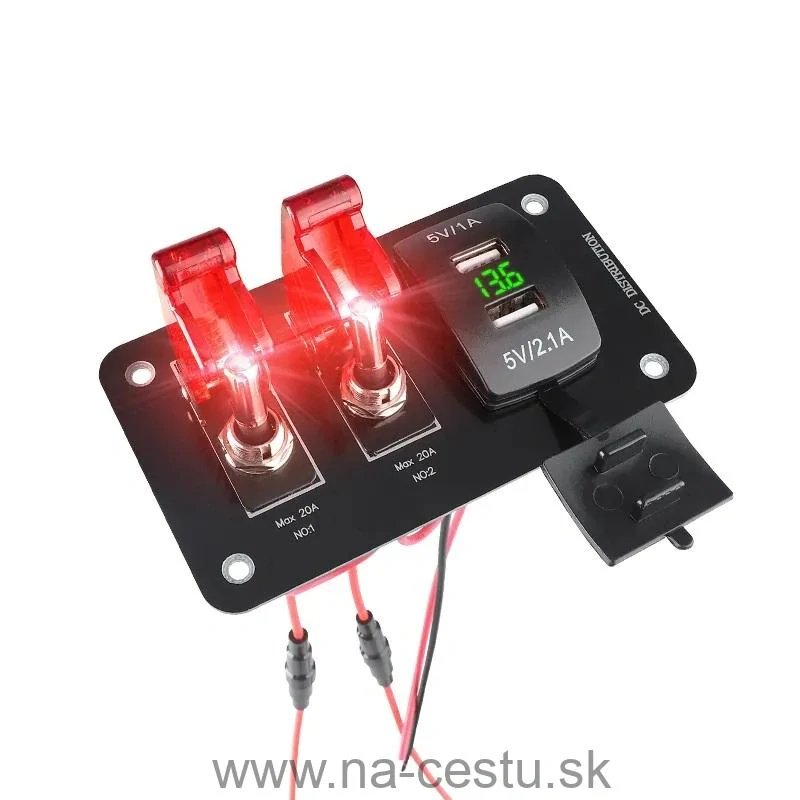 Panel s 2x spínačom + 2x USB + voltmeter