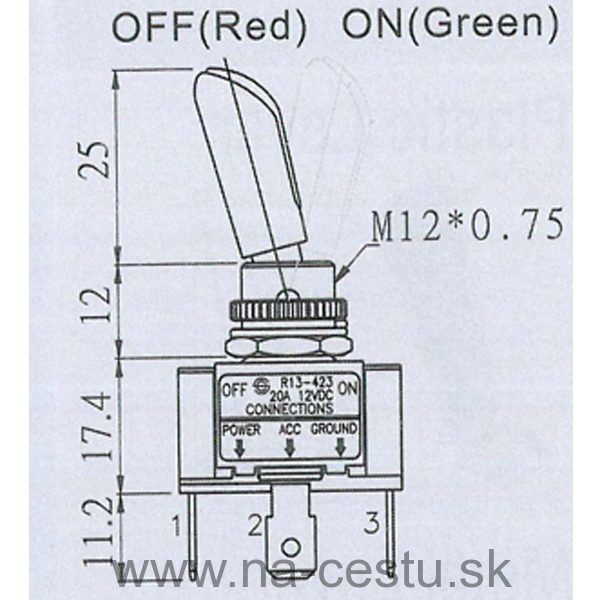 Páčkový spínač 20A s červeno-zeleným podsvietením