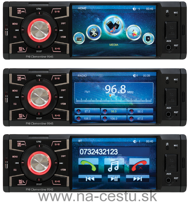 MP5 přehrávač Clementine 9545 1DIN displej 4 palce, 50Wx4, Bluetooth, FM rádio, SD a USB, 2 RCA video IN / OUT