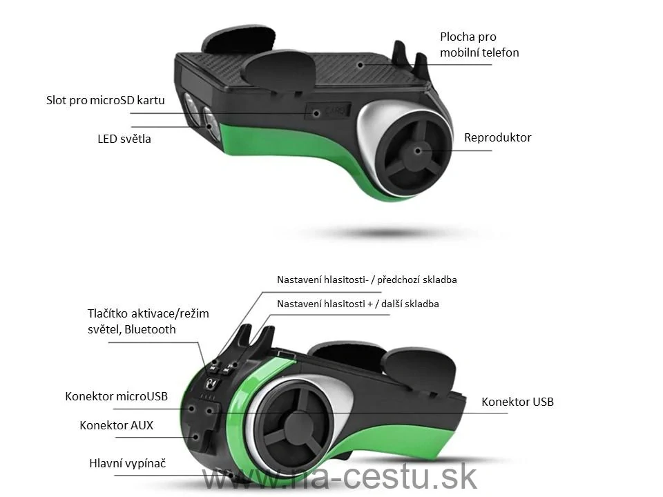 Multifunkčný držiak telefónu na bicykel so zvukovým systémom, BT, USB, SD, AUX