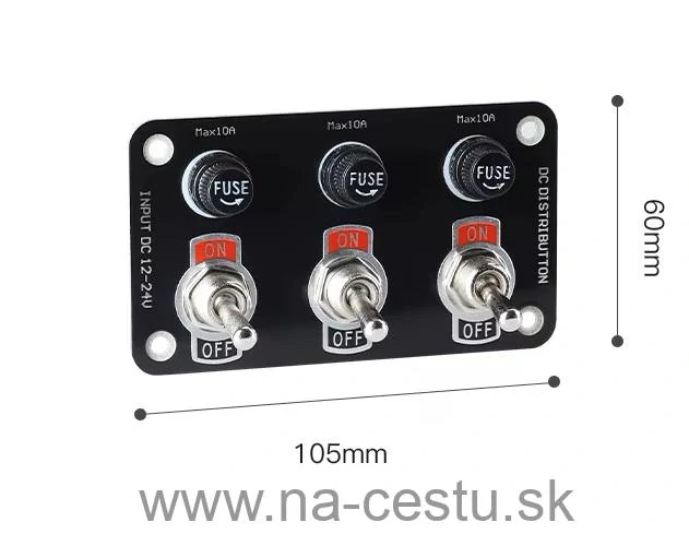 Panel s 3x spínačmi + 3x poistky, 12/24V