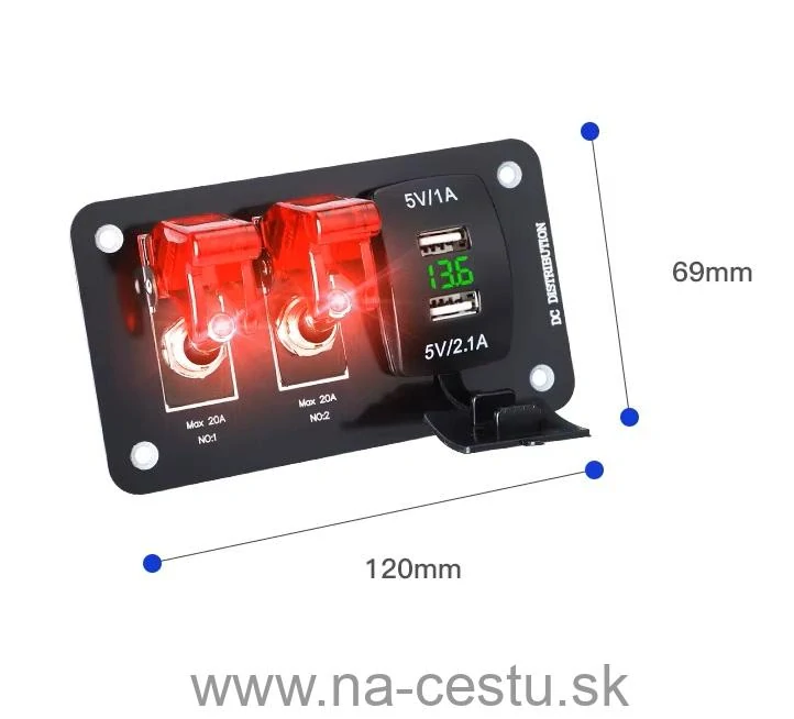 Panel s 2x spínačom + 2x USB + voltmeter