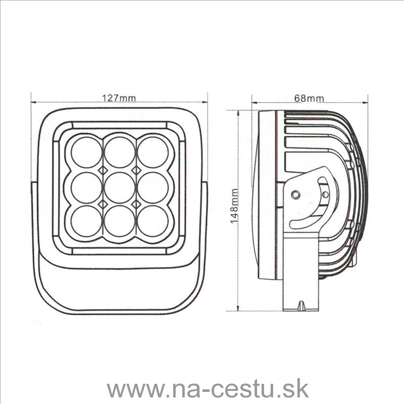 LED pracovné svetlo štvorcové, 9x3W, 127x127mm, ECE R10