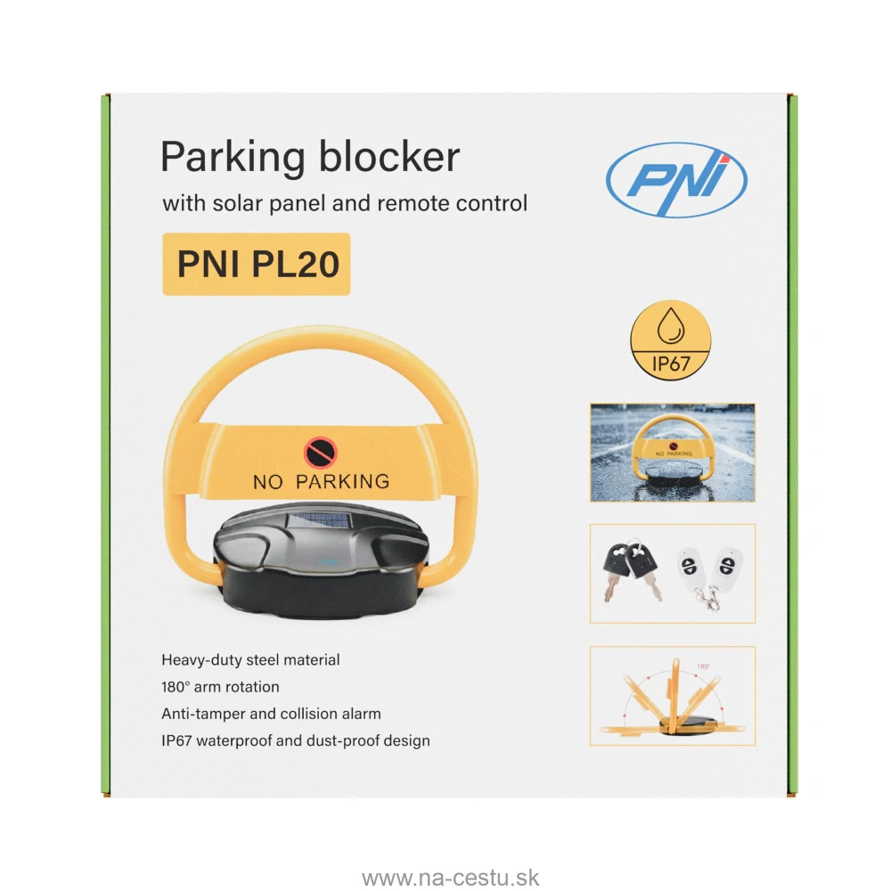 Automatický parkovací zámok PNI PL20 so solárnym nabíjaním, diaľkovým ovládaním, kľúčmi a batériou